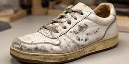 Sneaker usurata con macchie sulla tomaia prima del restauro