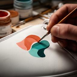 Dettaglio di logo dipinto a mano su sneaker in pelle