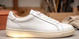 Sneaker pulita e restaurata con tomaia luminosa dopo il lavoro